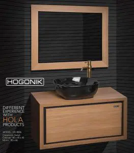 روشویی کابینتی طرح چوب برند hola، دیواری، با کاسه روشویی مشکی