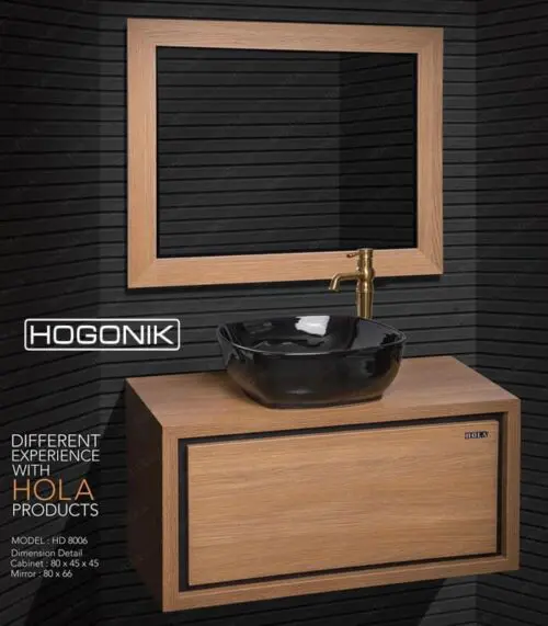 روشویی کابینتی طرح چوب برند hola، دیواری، با کاسه روشویی مشکی