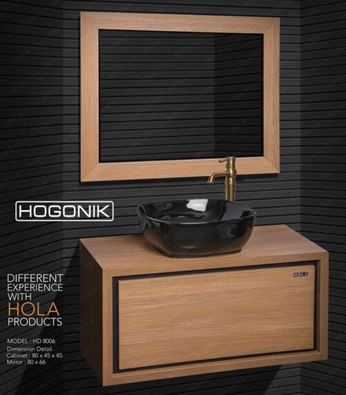 روشویی کابینتی طرح چوب برند hola، دیواری، با کاسه روشویی مشکی